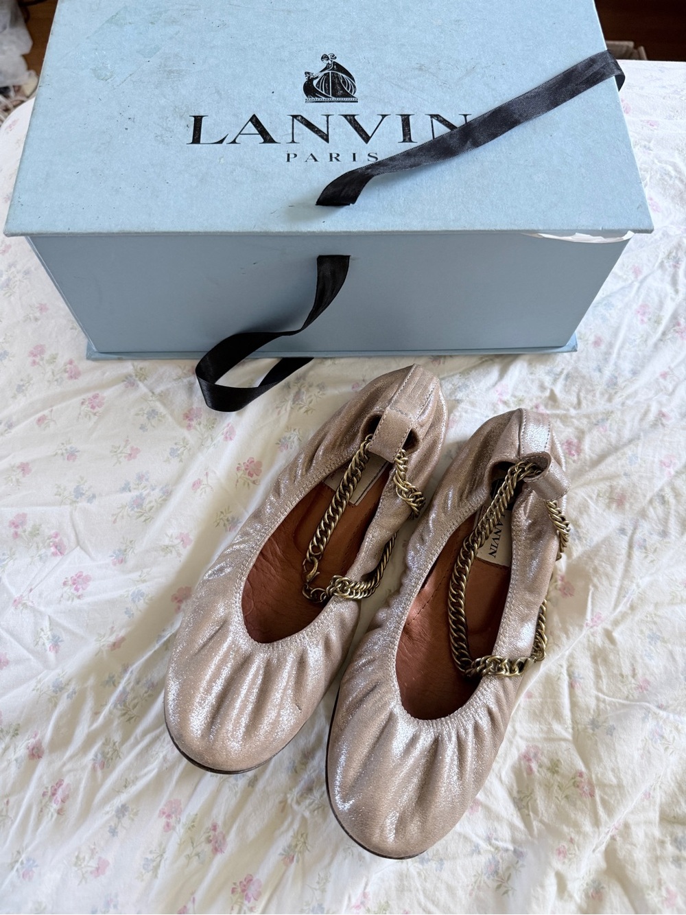Lanvin Shimmery Rose Gold Ballet Flats with Gold Chain